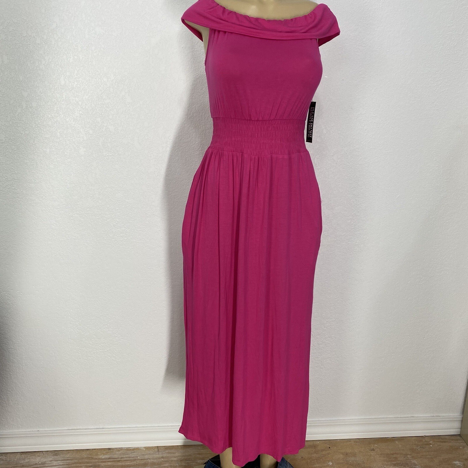 NY&C Pink Pullover Knit Pocketed Maxi Dress Womens Size XS Casual Off Shoulders