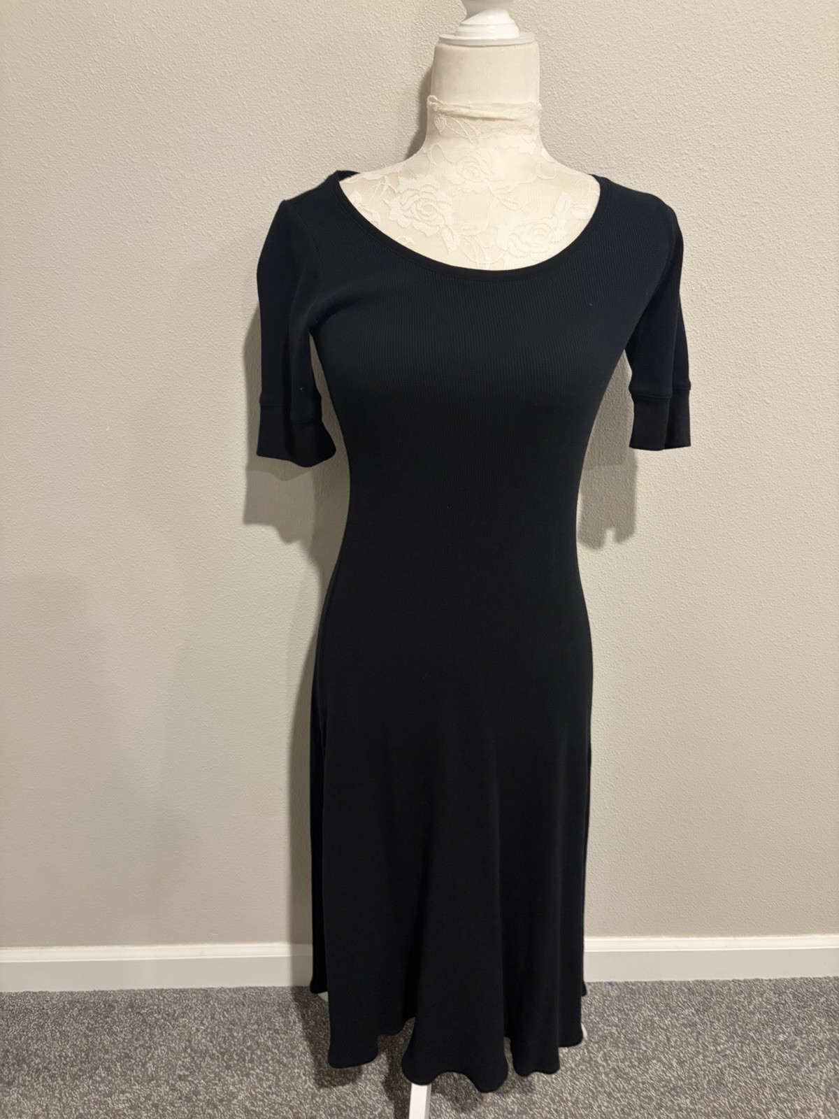 Lauren Ralph Lauren Black Cotton Waffle Knit Midi Dress ~XS~A-Line Short Sleeve