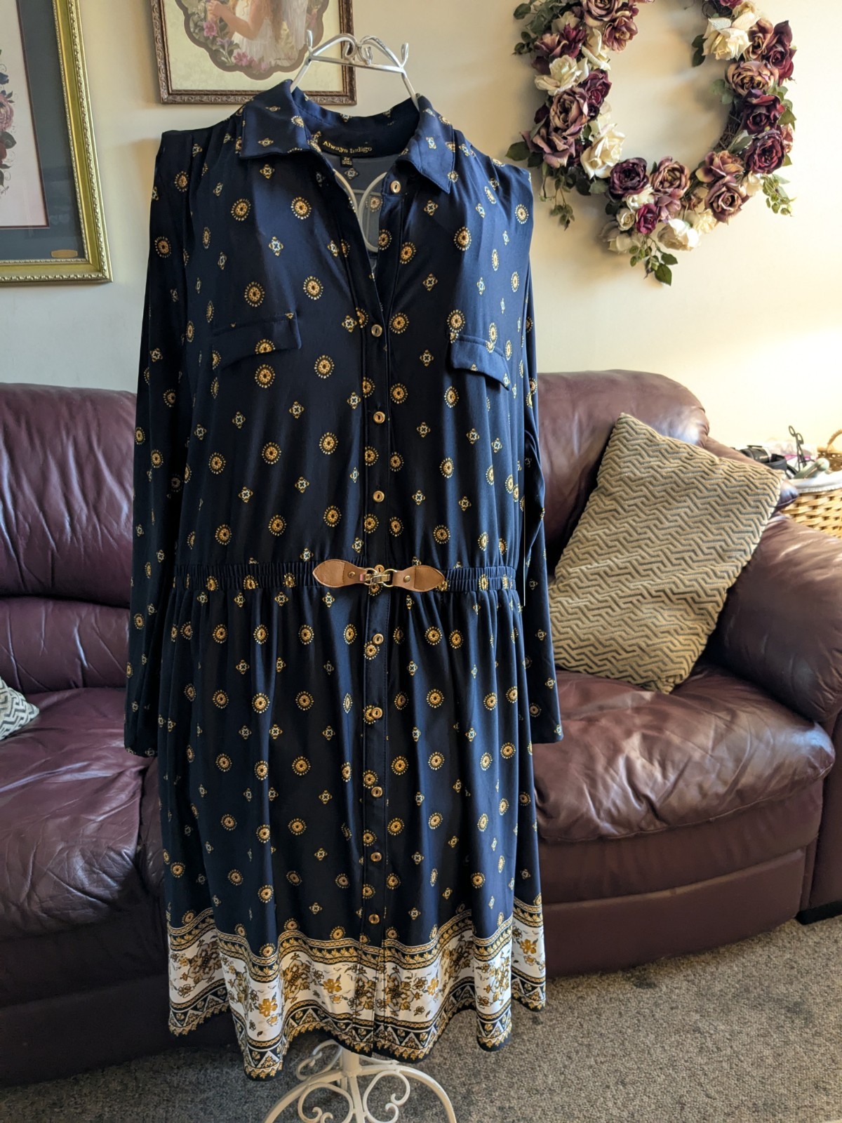 “Always Indigo” Plus Size 2X Navy Blue & Gold Collared Dress