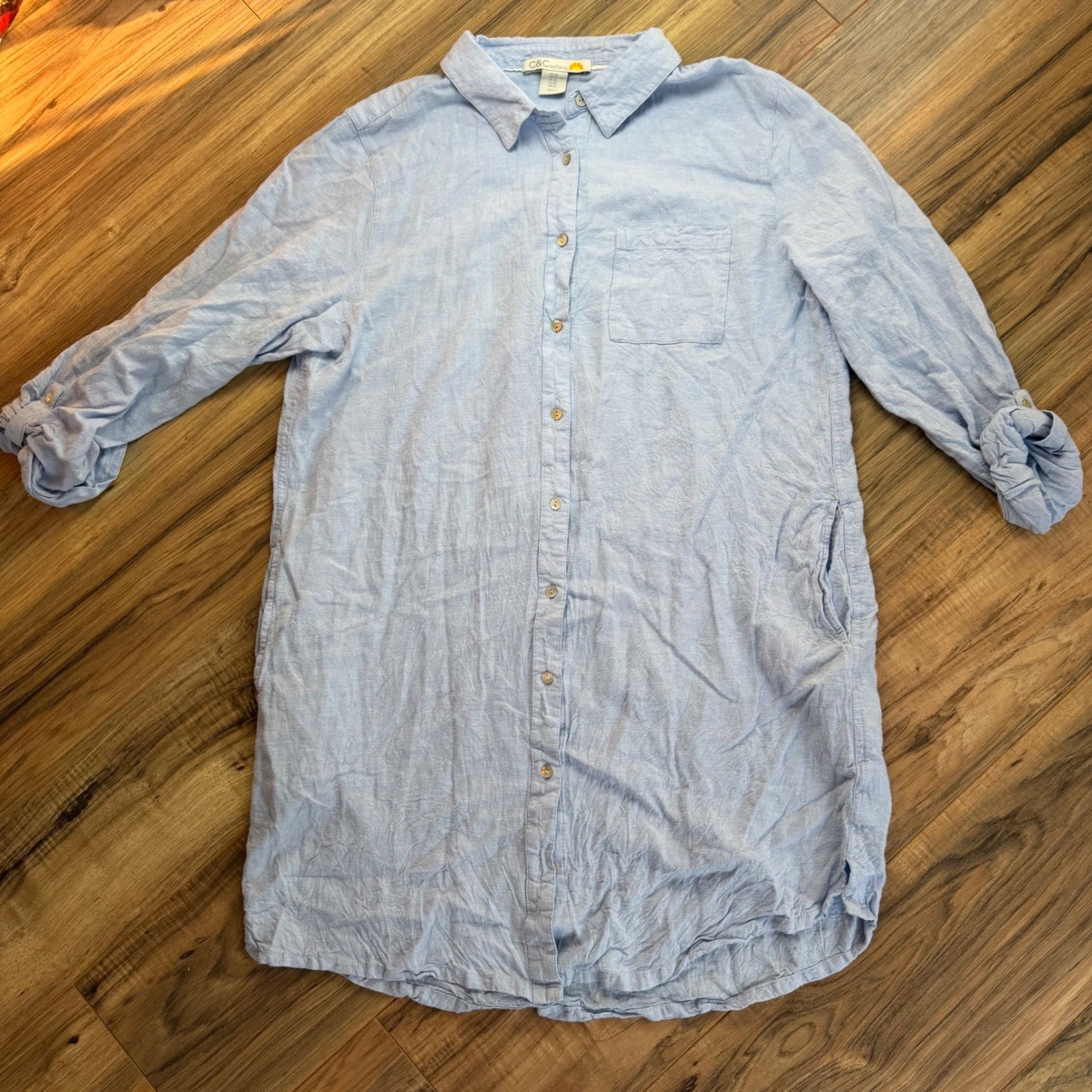 C&C California Linen Button Down Shirt Dress XL Roll Tab Sleeve Fisherman Beach