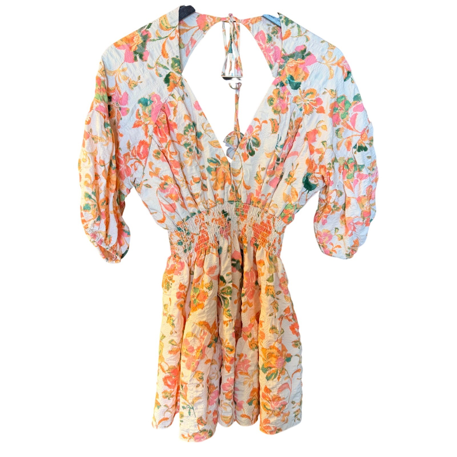 NWT MISA Los Angeles S Floral Smocked Mini Dress Orange Pink V-Neck Puff Sleeve
