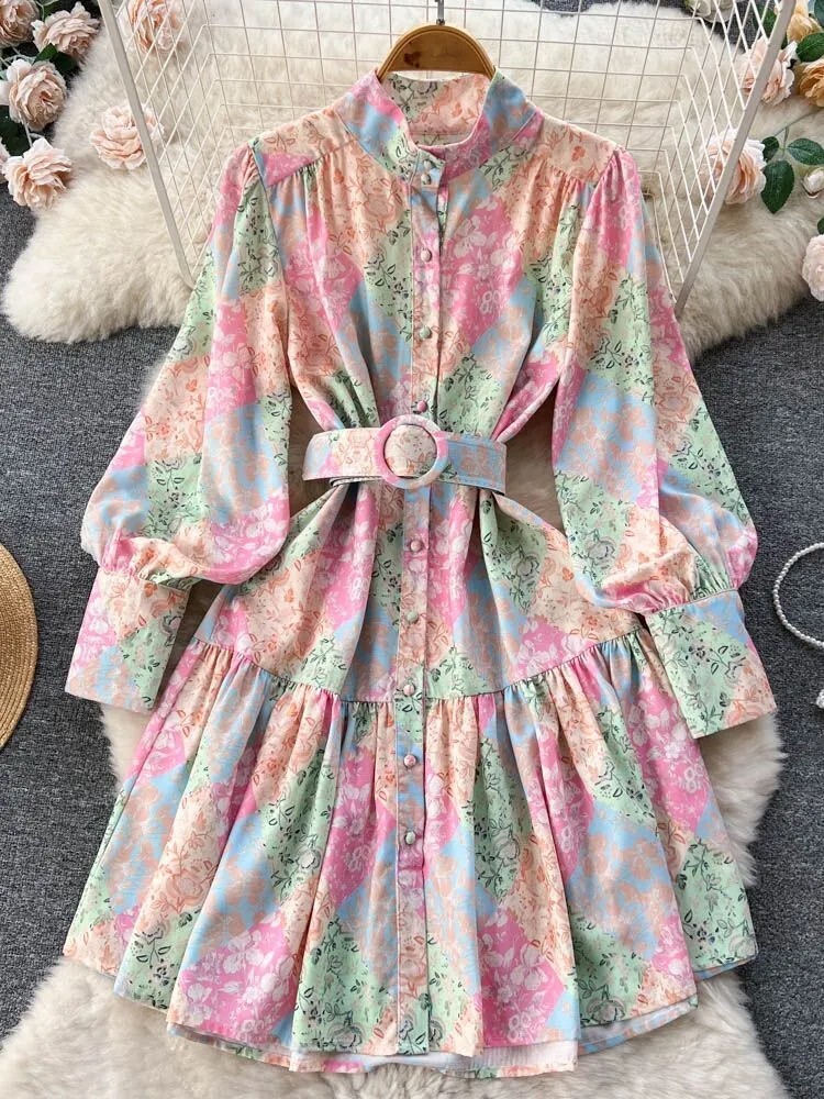 Spring Autumn New Vintage Flower Print Dress Women’s Turtleneck s-xxl
