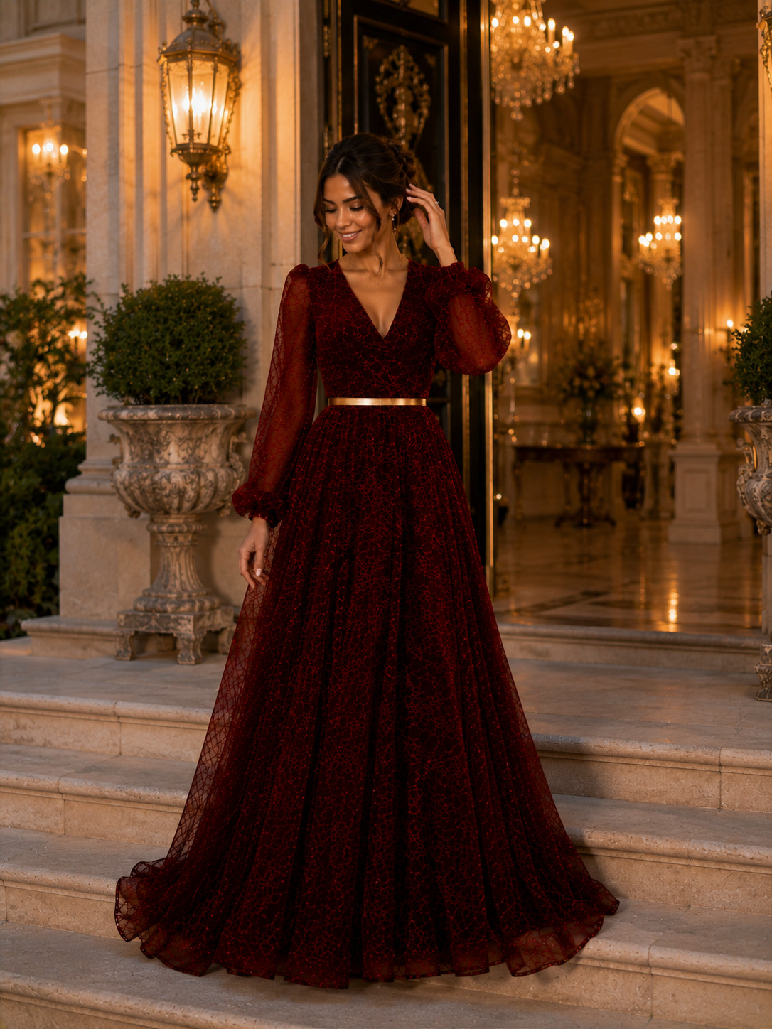 BonBon Burgundy Luxury Evening Gown Long Sleeve Formal Prom Maxi Dress EU 38-48