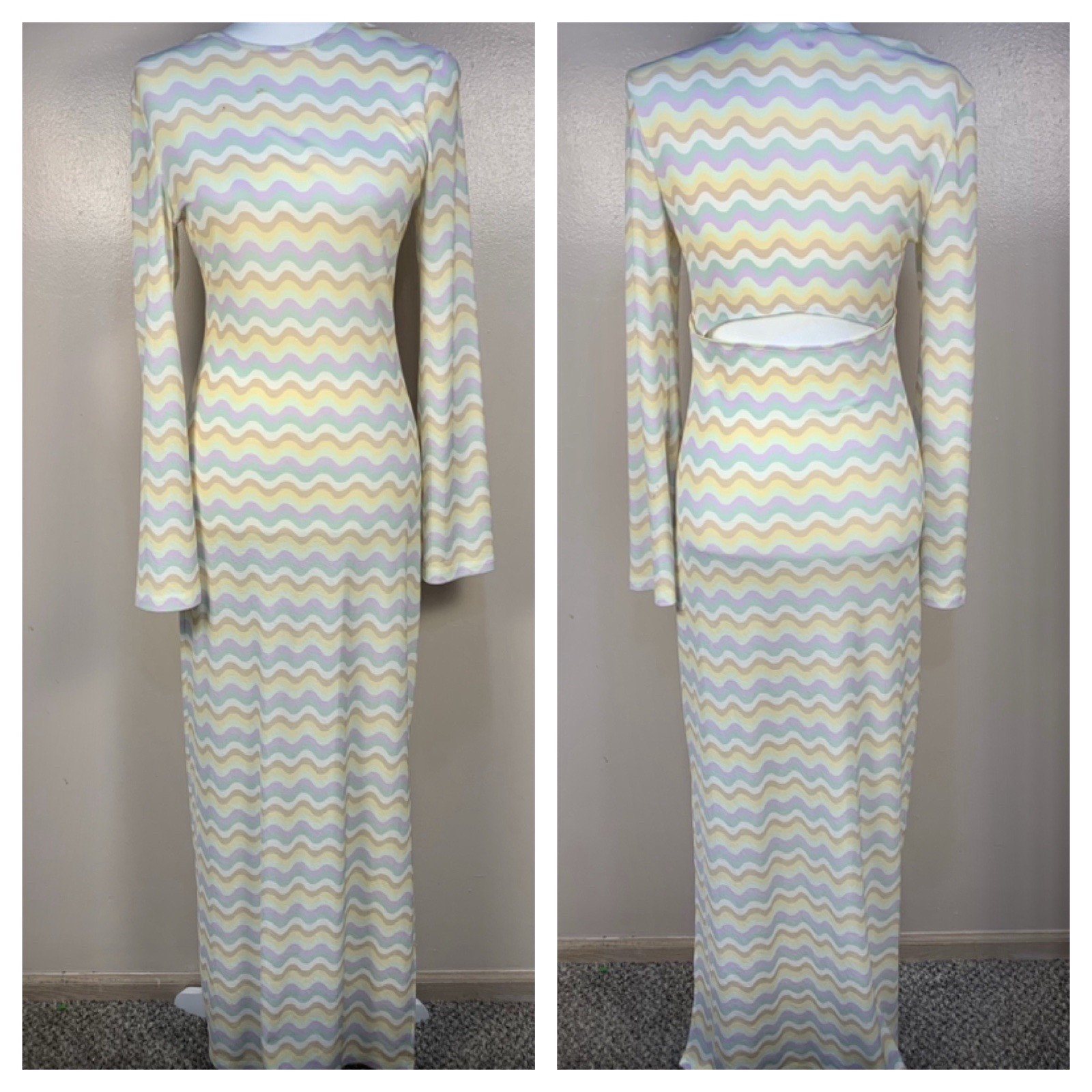 Ghospell London Rare Long Sleeve Bodycon Printed Maxi Dress 70s Inspired Retro S