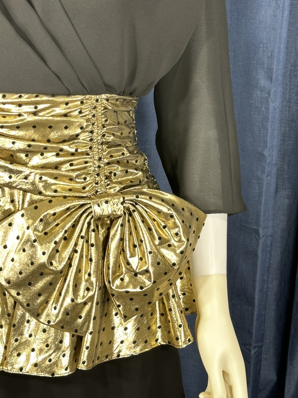 VTG 80s 4 Dress Ruched Gold Metallic Lame Dot Peplum Pat Richards Black Waist 26