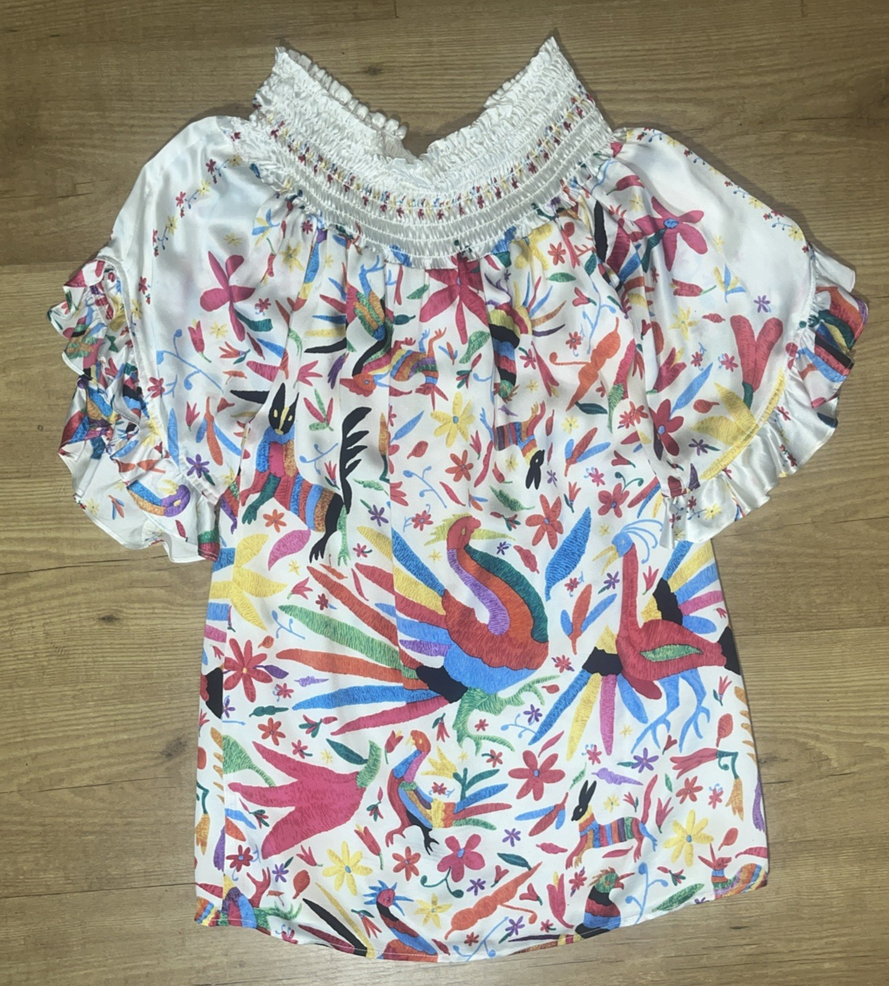 Vintage Voom Silk Dress Off the Shoulder Women’s M Colorful Bird Rabbit