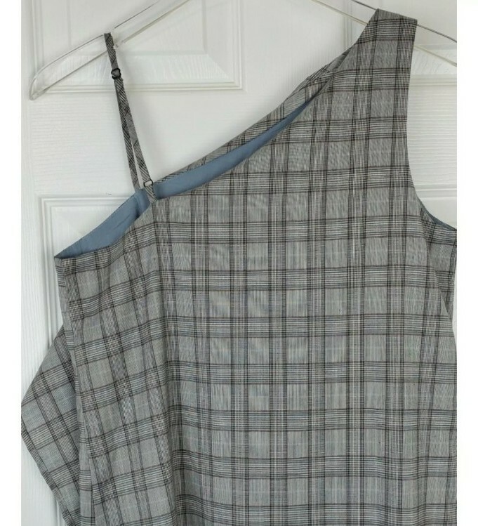 Sugarlips one shoulder side ruffle plaid gingham grey shift dress