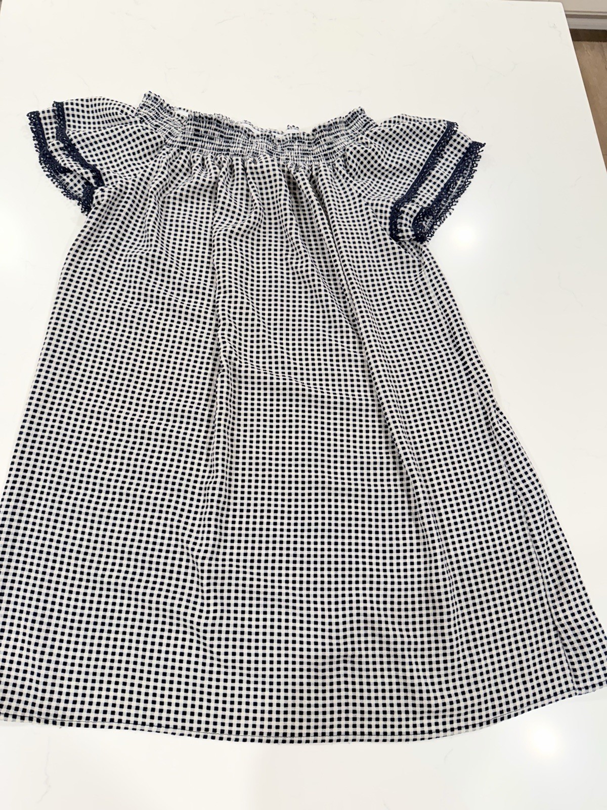 Off Shoulder Blue/White Check Smocked Lace Shift Dress Square Neck Cap Sleeve XL