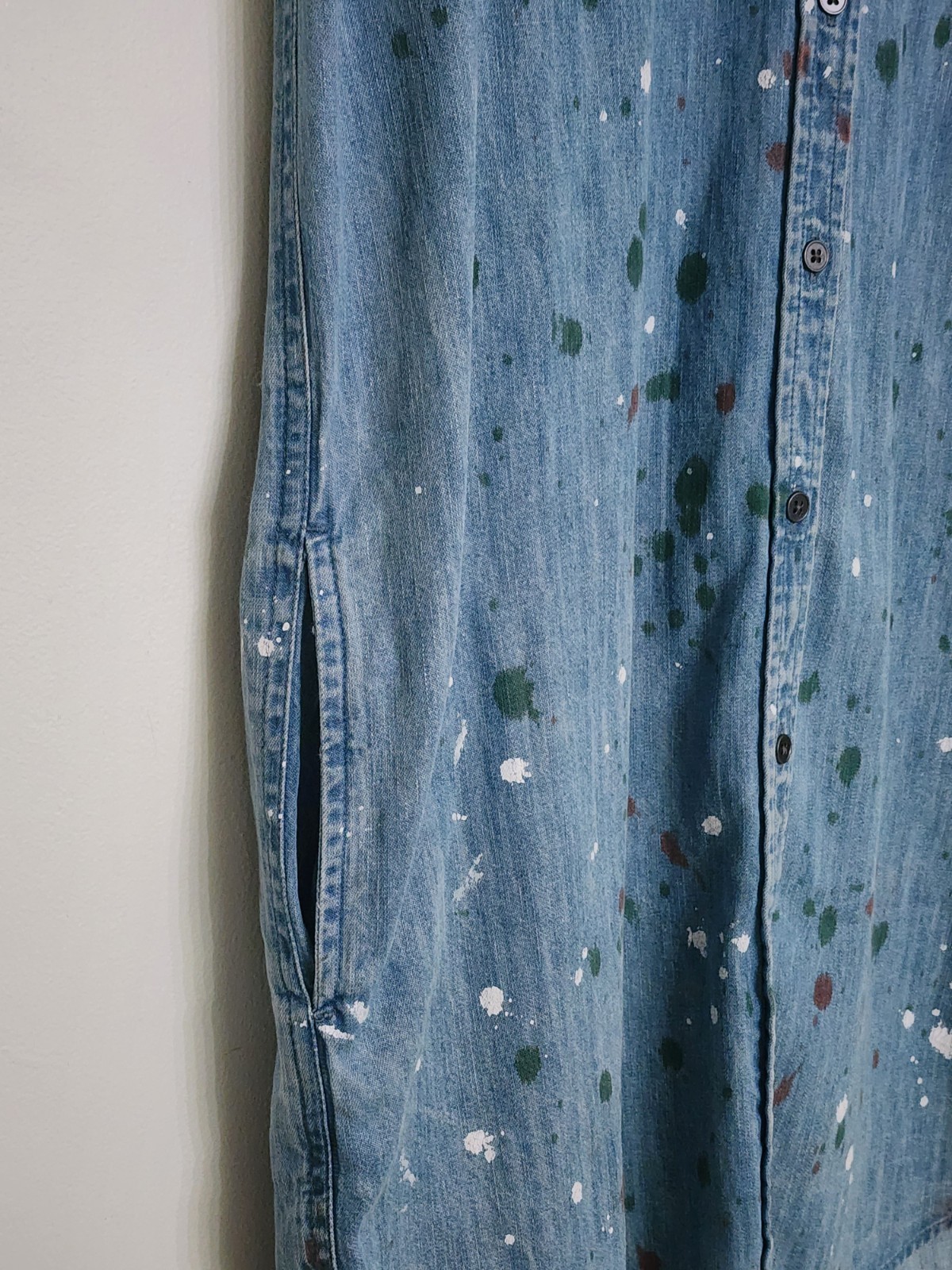 True Craft Distressed Paint Splatter Blue Denim Shirt Dress Pockets Women’s S