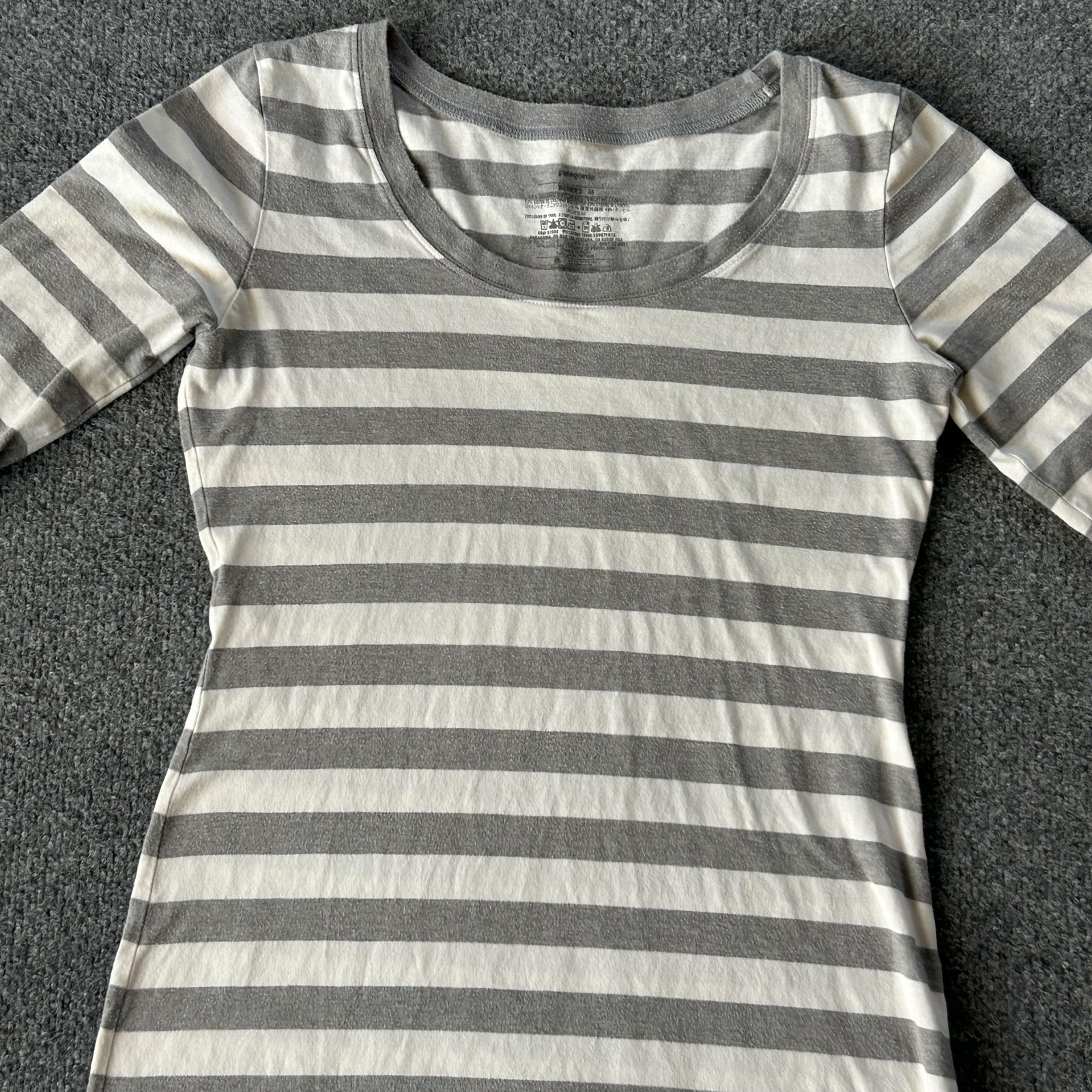 Patagonia Dress Womens Medium Grey White Stripe 3/4-Sleeved Au Bateau Dress