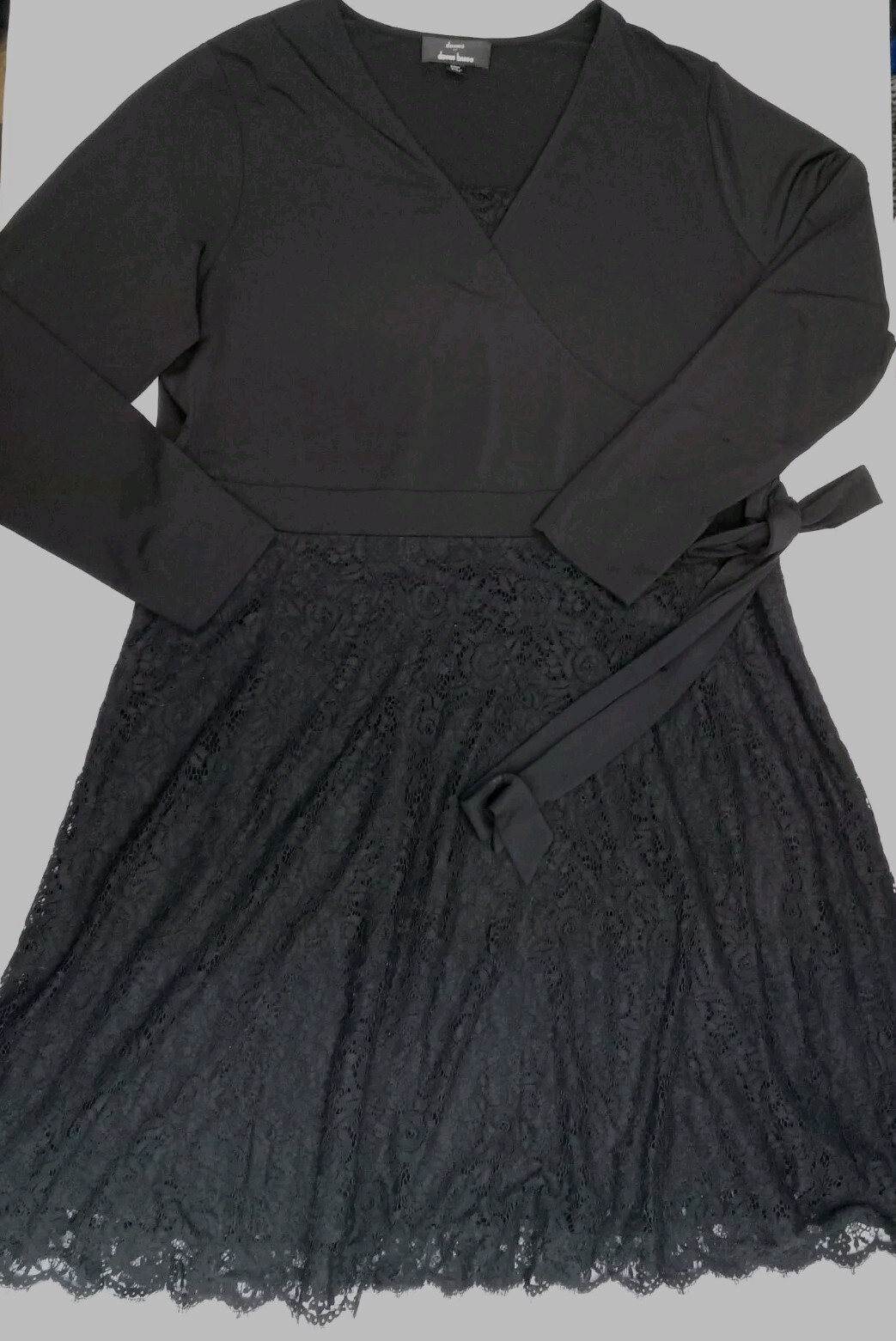 Dennis By Dennis Basso Black Lace Long Sleeve Dress A-line V-Neck Tie Waist 20W