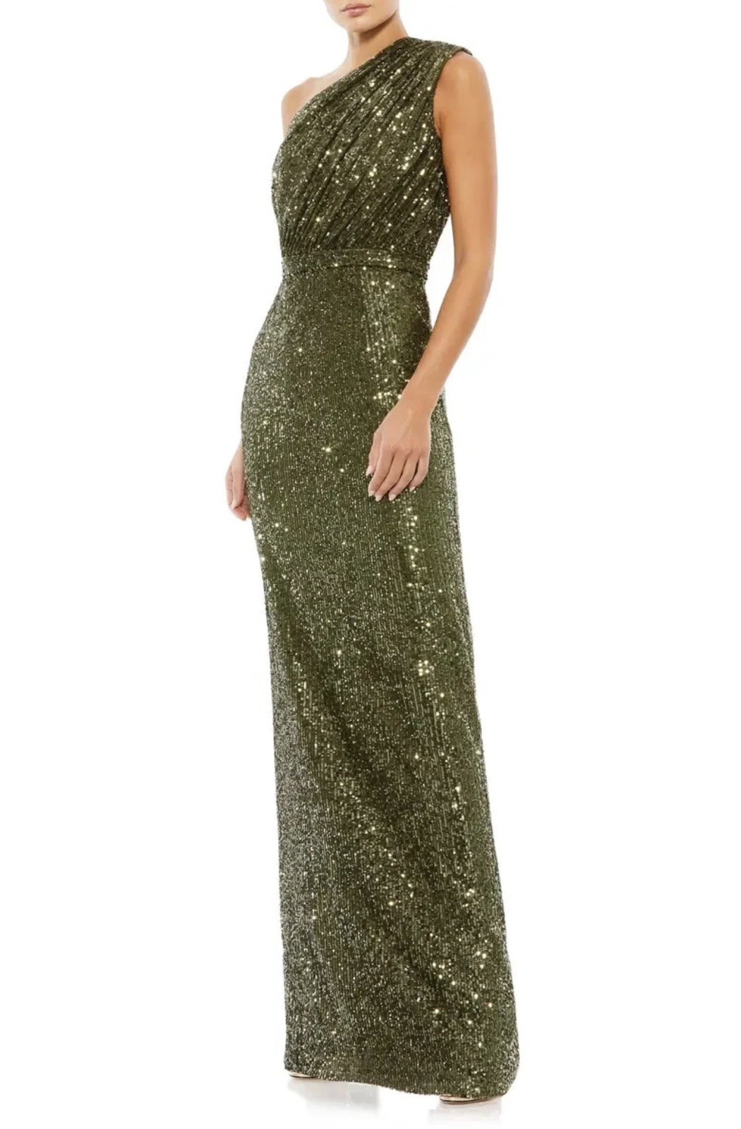 Mac Duggal 26694 Sequin One-Shoulder Column Gown Sz 6 Olive