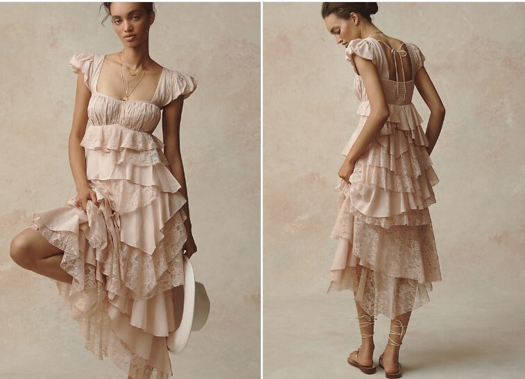 Anthropologie Cap-Sleeve Lace Ruffle Midi Dress – MEDIUM (UK 10-12) – RRP £198