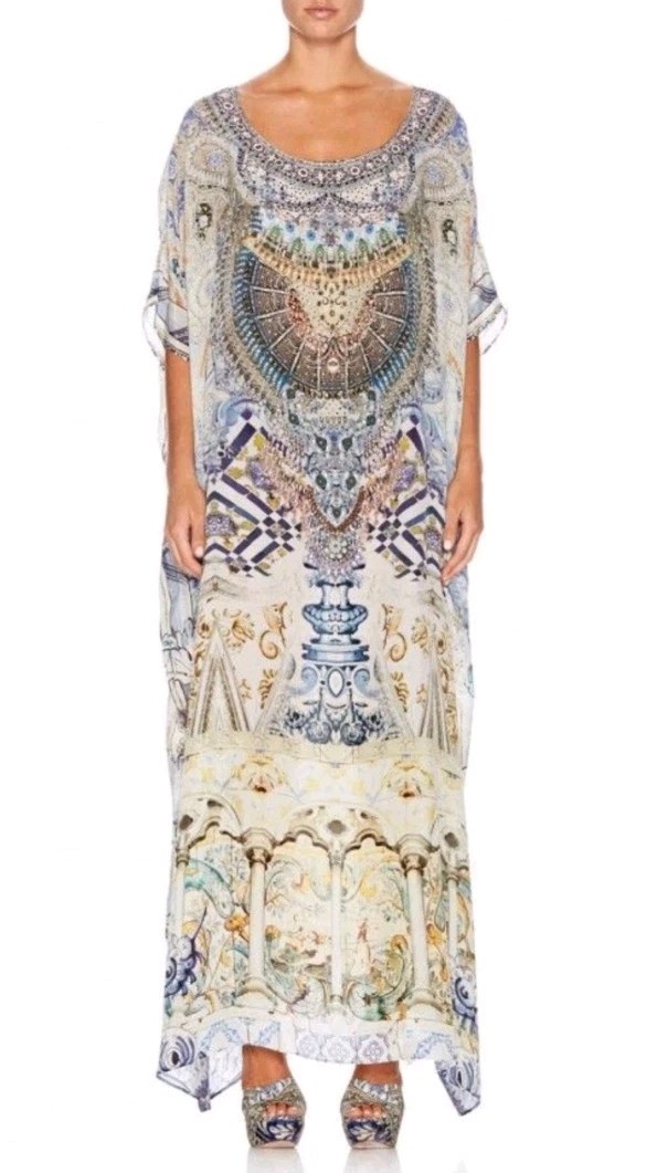 CAMILLA “Sea Odyssey ” Long Round Neck Kaftan One Size Silk Swarovski Cyrstals