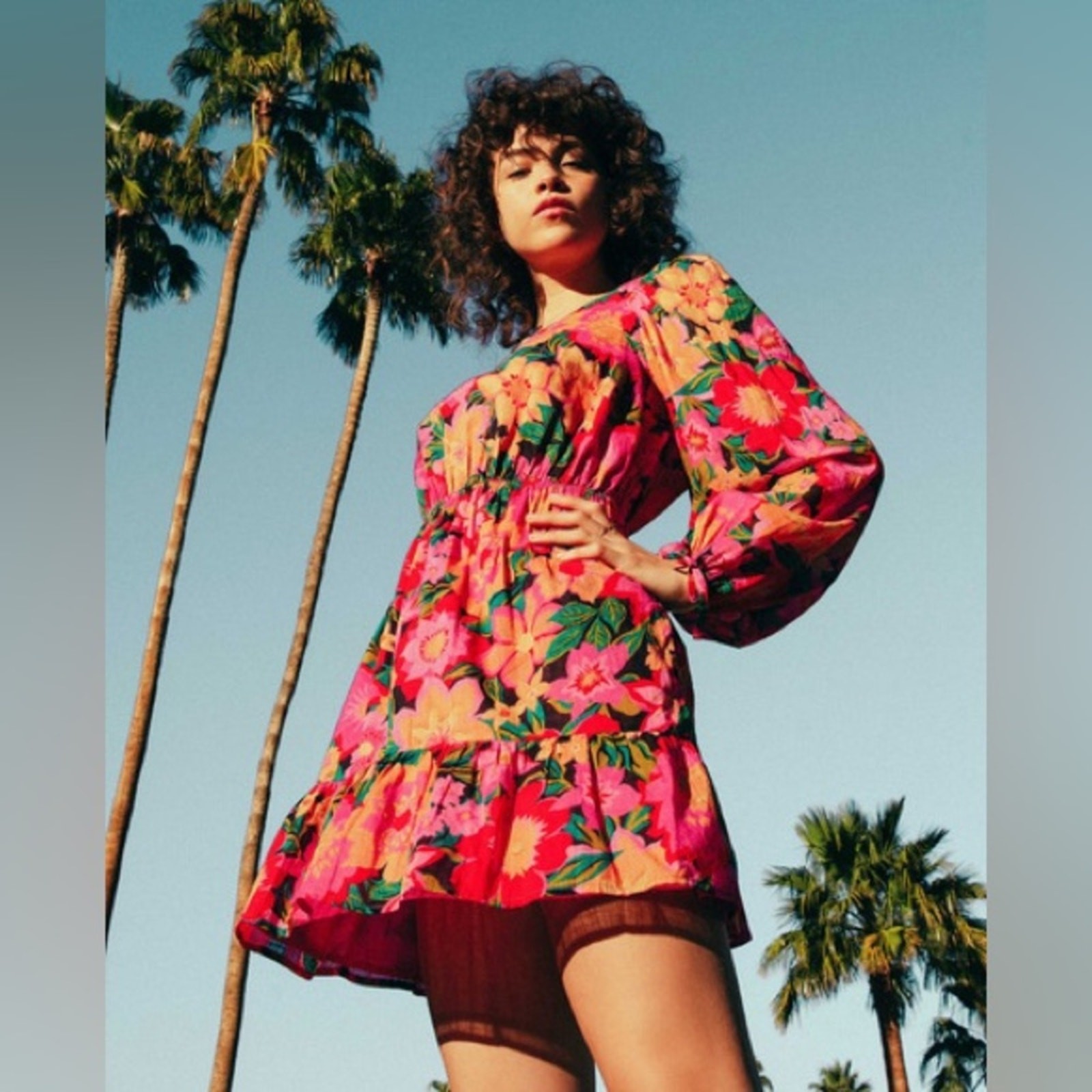 NWT Billabong Heaven Sent Floral Open Back Mini Dress Long Blouson Sleeve S $80