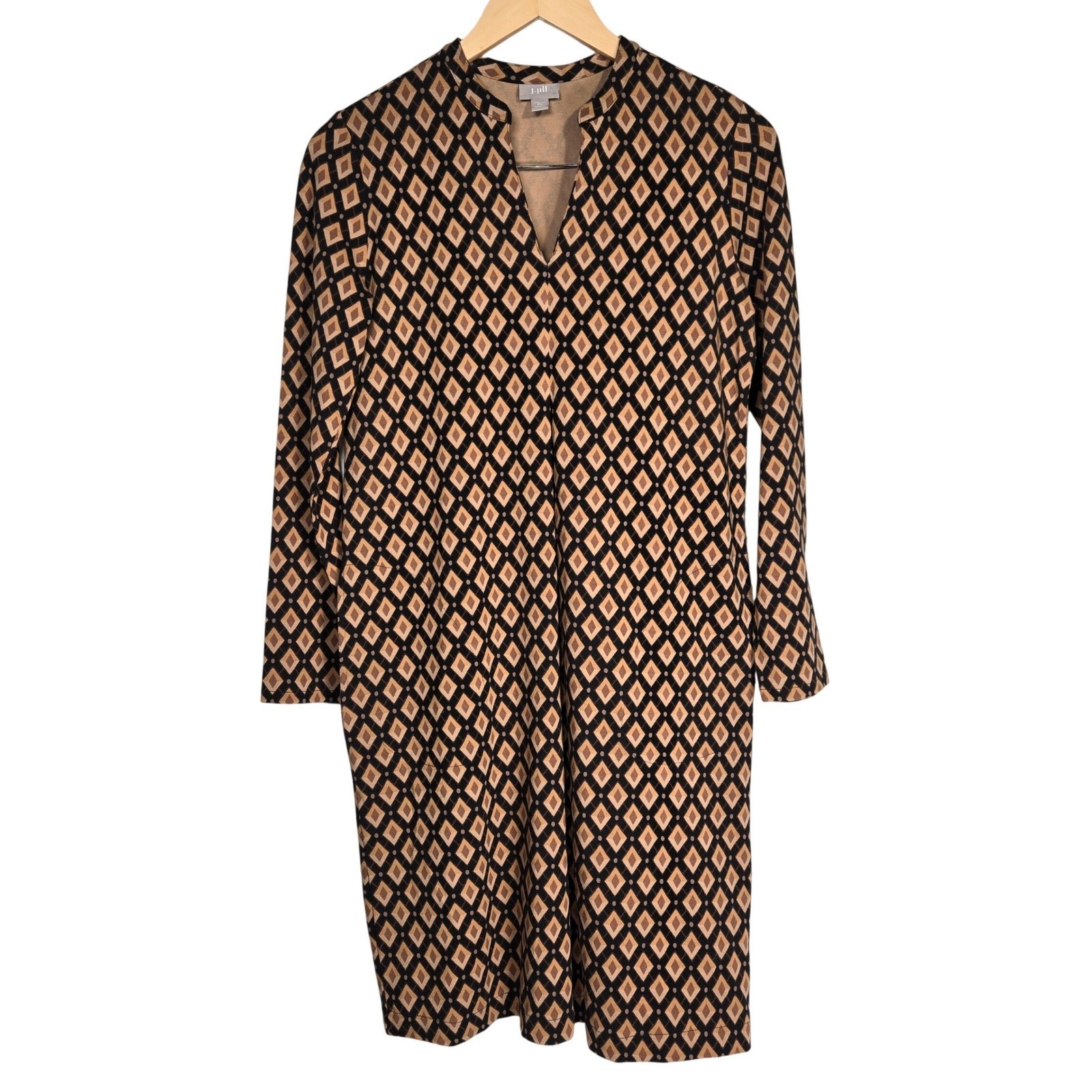 J. Jill Stretch Pima Cotton Modal Diamond Print Shift Dress XS Brown Black