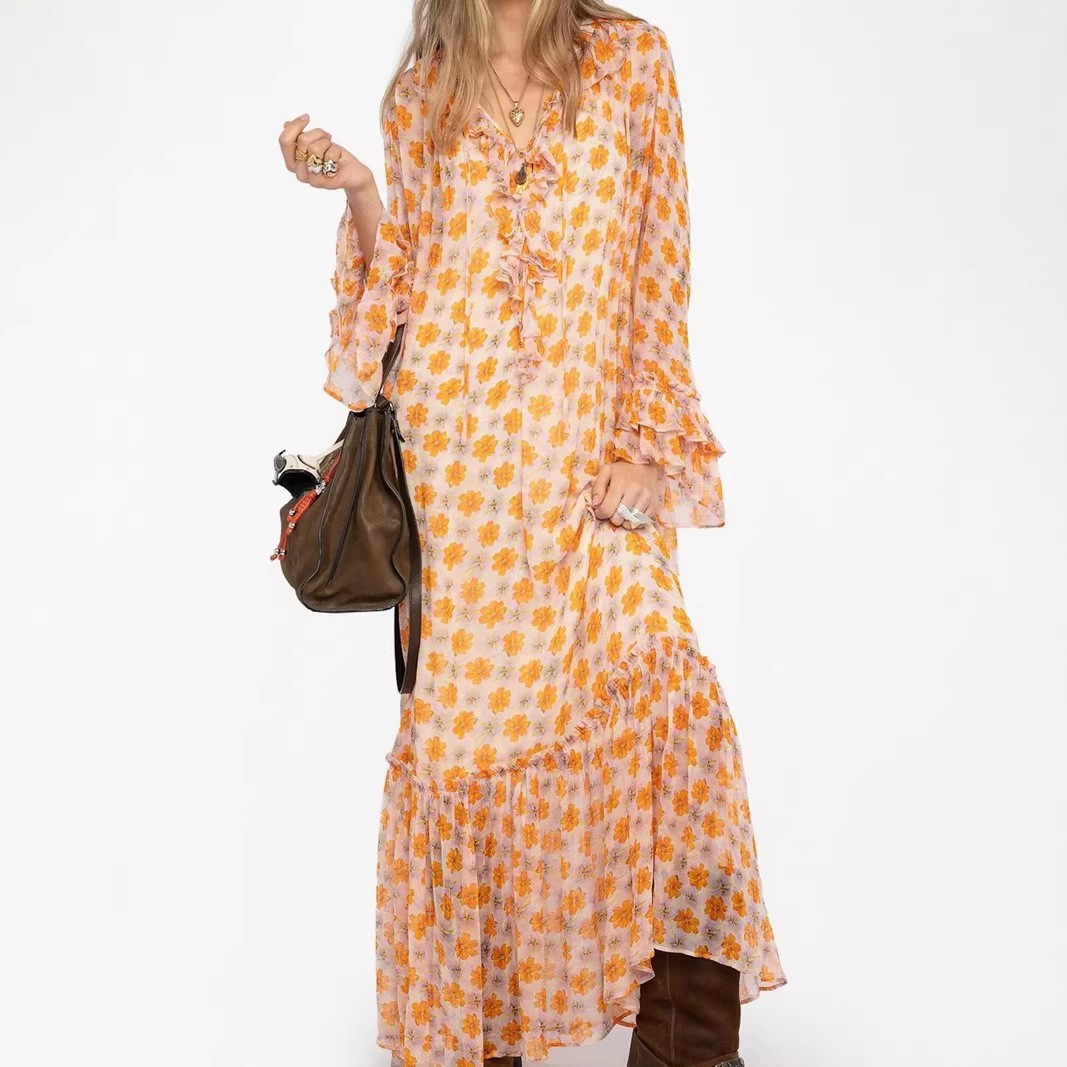 Women Zadig & Voltaire Viscose Lotus Leaf Lace Collar Long Sleeves Dress SML