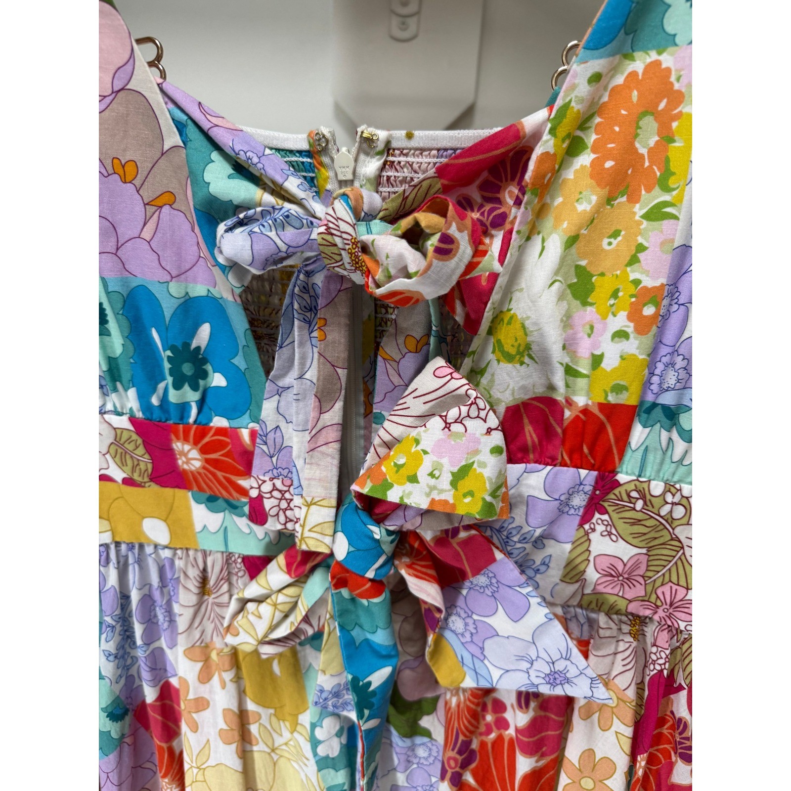 Patchwork Floral Midi Dress Womens M Tie Front Boho Colorful Sundress Resort