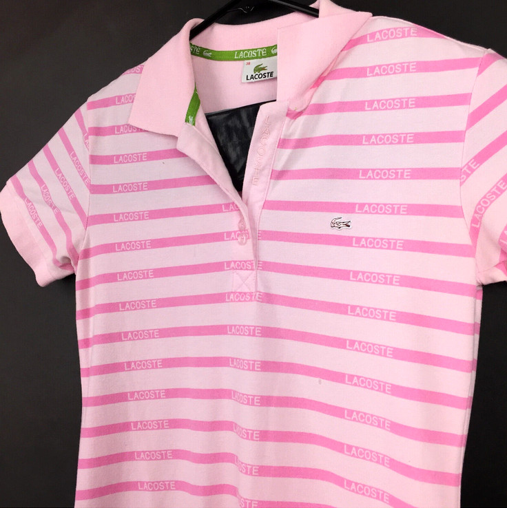 Lacoste Womens Sz 38 (32in Bust) Pink Striped Cotton Barbiecore Piqué Polo Dress