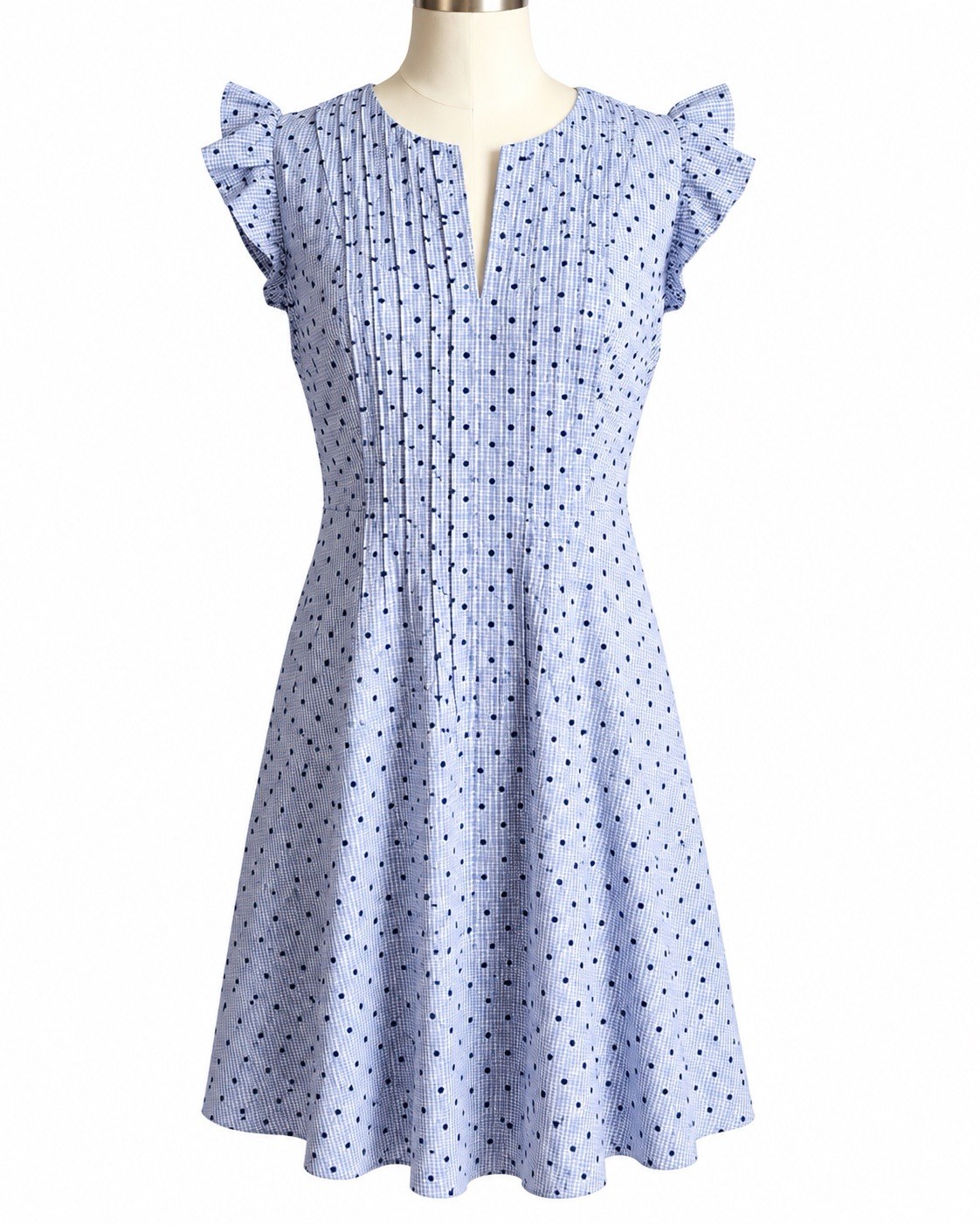 CeCe Blue White Gingham Polka Dot Dress Flutter Sleeve A-Line Size 8 Cotton