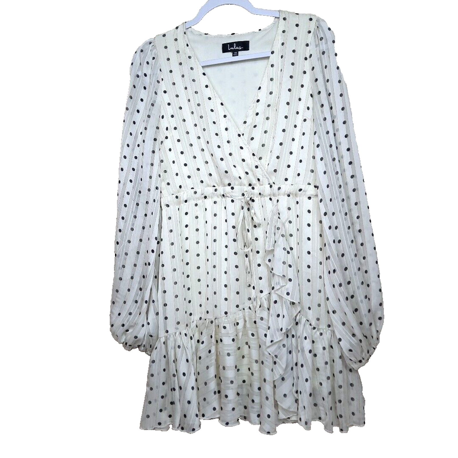 Lulus Babydoll Polka Dot Sheer Bell Sleeve Faux Wrap Mini Dress XS White Black