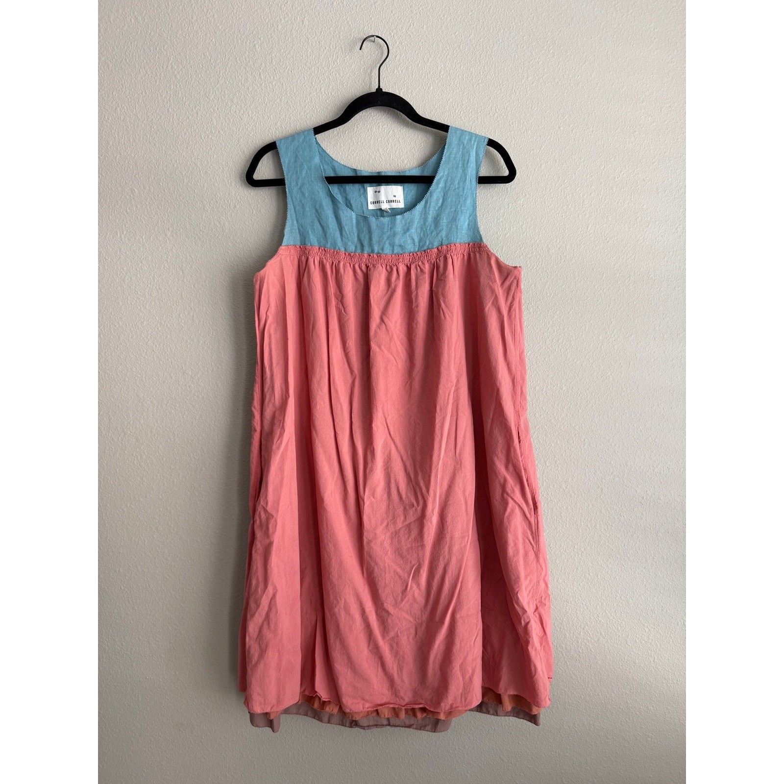 Anthro Correll Correll Sz M Sleeveless Smock Dress Tiered Ruffle Chambray Coral