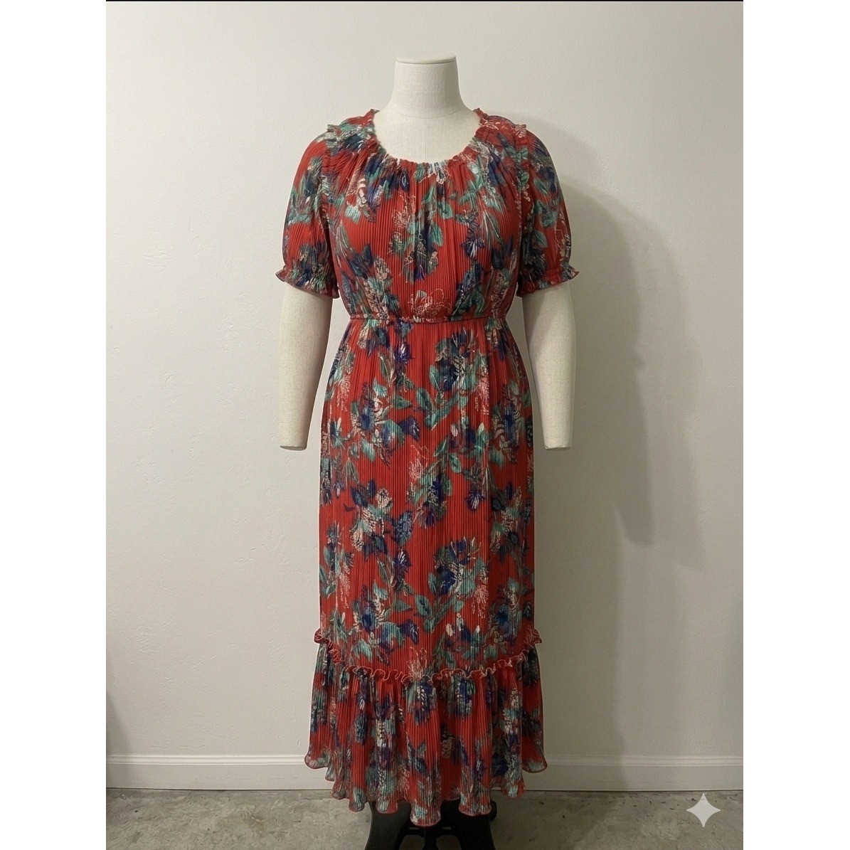 Ava & Viv Red Floral Pleated Chiffon Maxi Dress Short Sleeve 4X Boho Whimsy