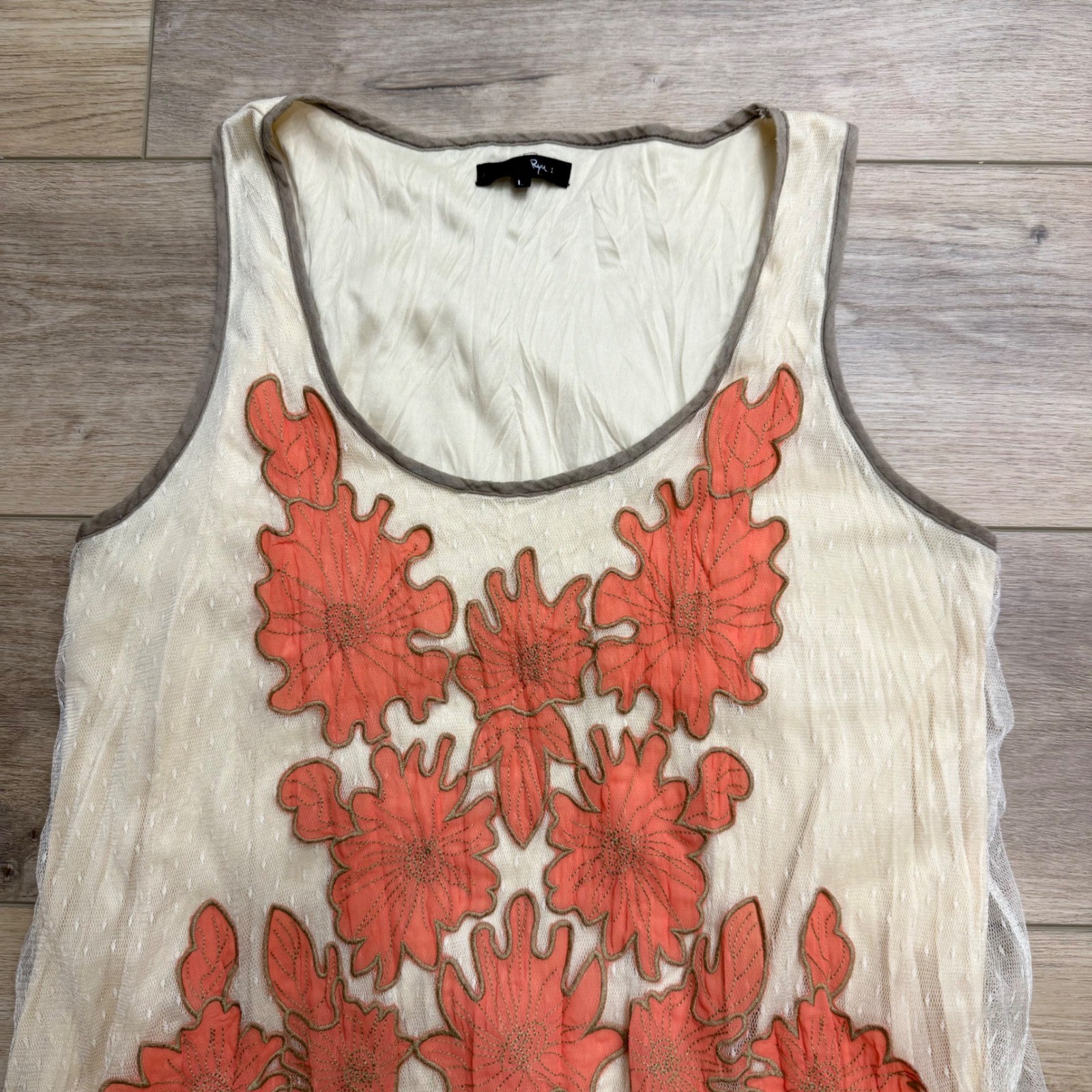 Ryu Womens Boho Floral Embroidered Layered Ruffle Mesh Tank Dress Cream Large