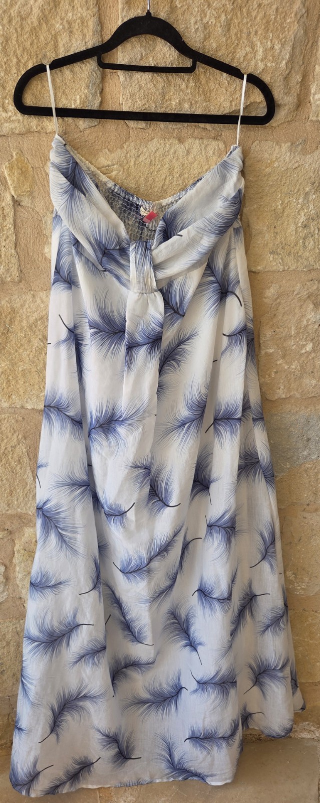 Miso Strapless Maxi Dress in Blue Feather Palm Print with Knot Front