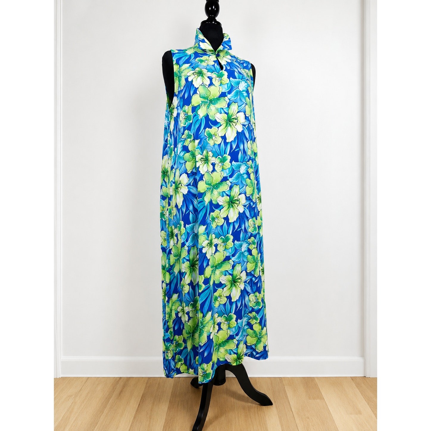 Cypress Floral Maxi Dress Blue Green Tropical Sleeveless XL Resort Vacation