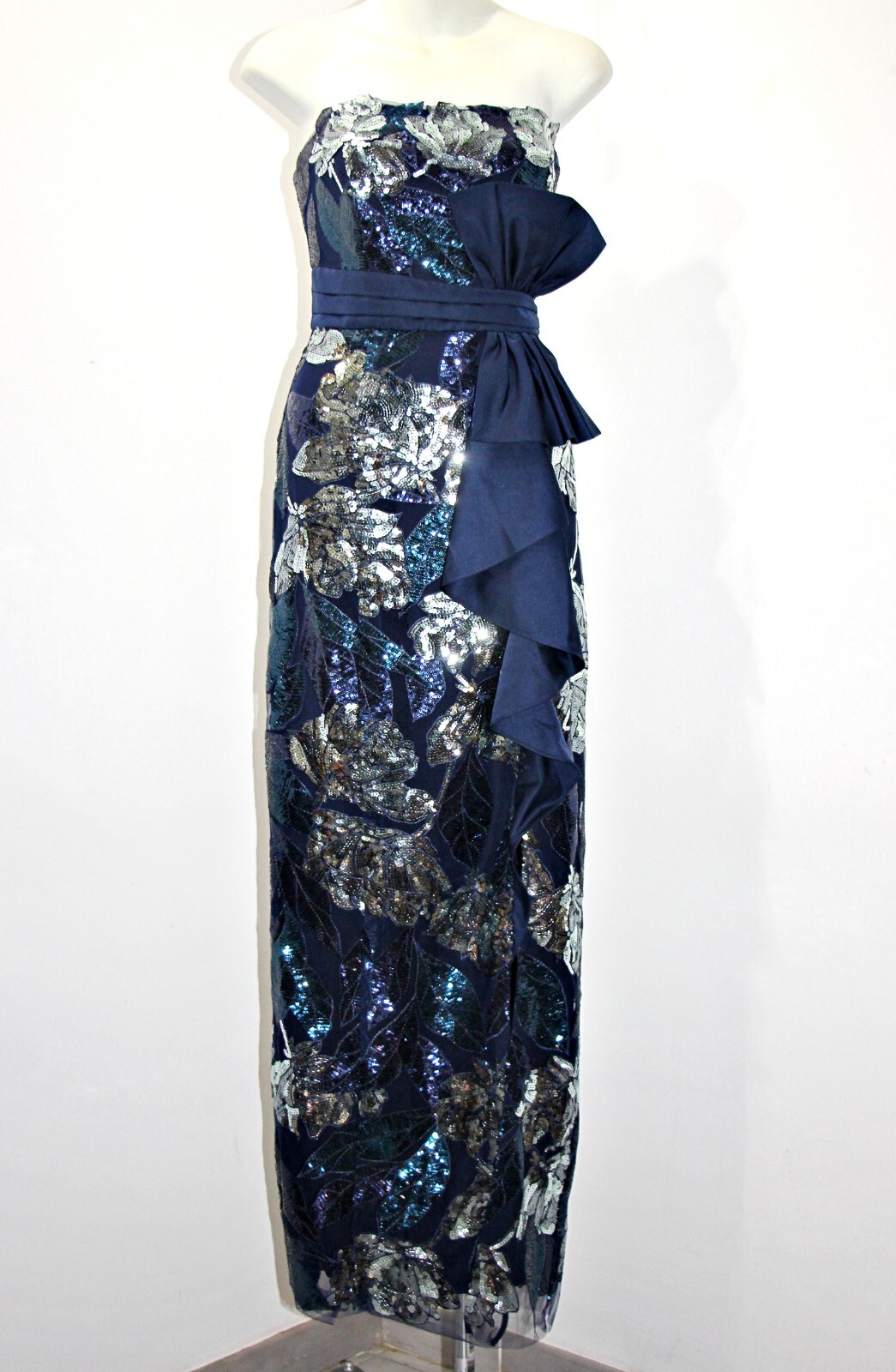 Marchesa Notte Navy & Silver Sequin Mikado Bow Gown With Deep Slit sz 6 $995