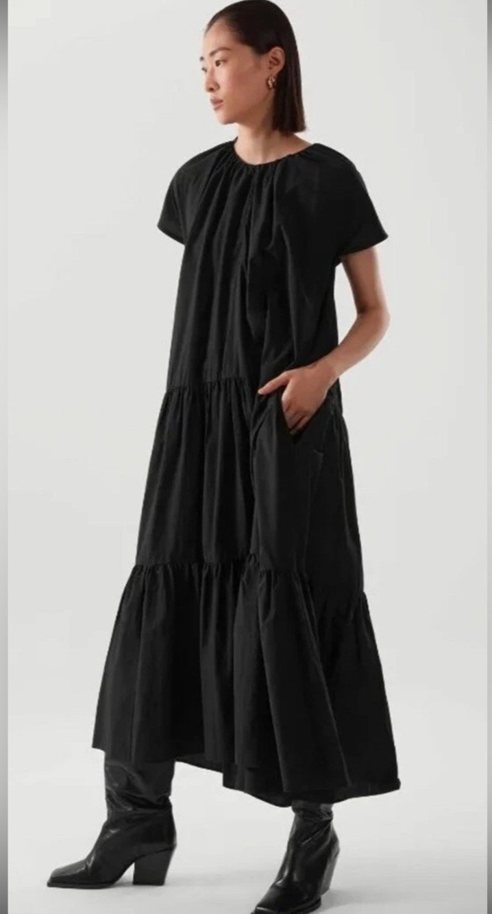 COS Black Oversized Ruffle Tiered Cotton Maxi Dress sz M