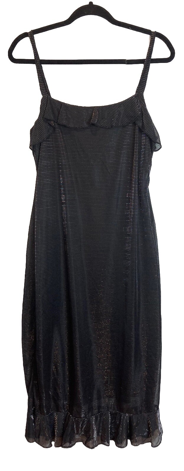 Vintage Fashion Bug Black Metallic Striped Slip Dress Size 12 Ruffle Hem 90s