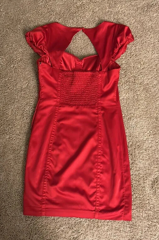 Guess Los Angeles Red Satin Ruched Bodycon Mini Dress Puff Sleeve Keyhole Back 8