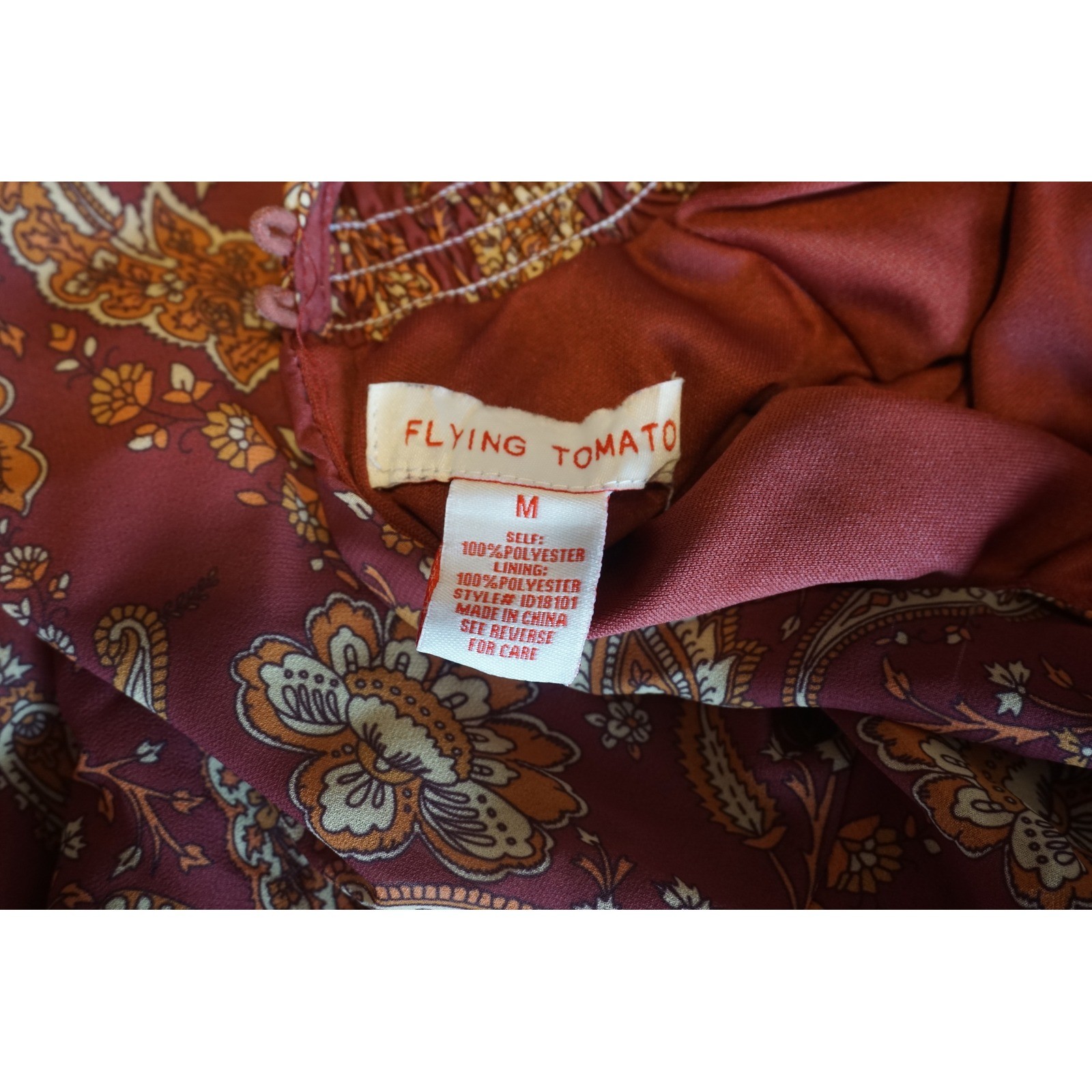 Flying Tomato Rust Paisley Tiered Ruffle Maxi Dress Boho Long Sleeve Womens M