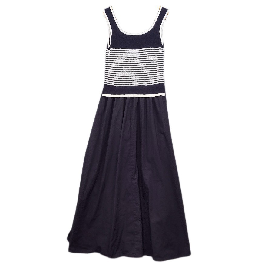 By the River Dress Small Black Midi Knit Stripe Sleeveless Full Cotton Skirt
