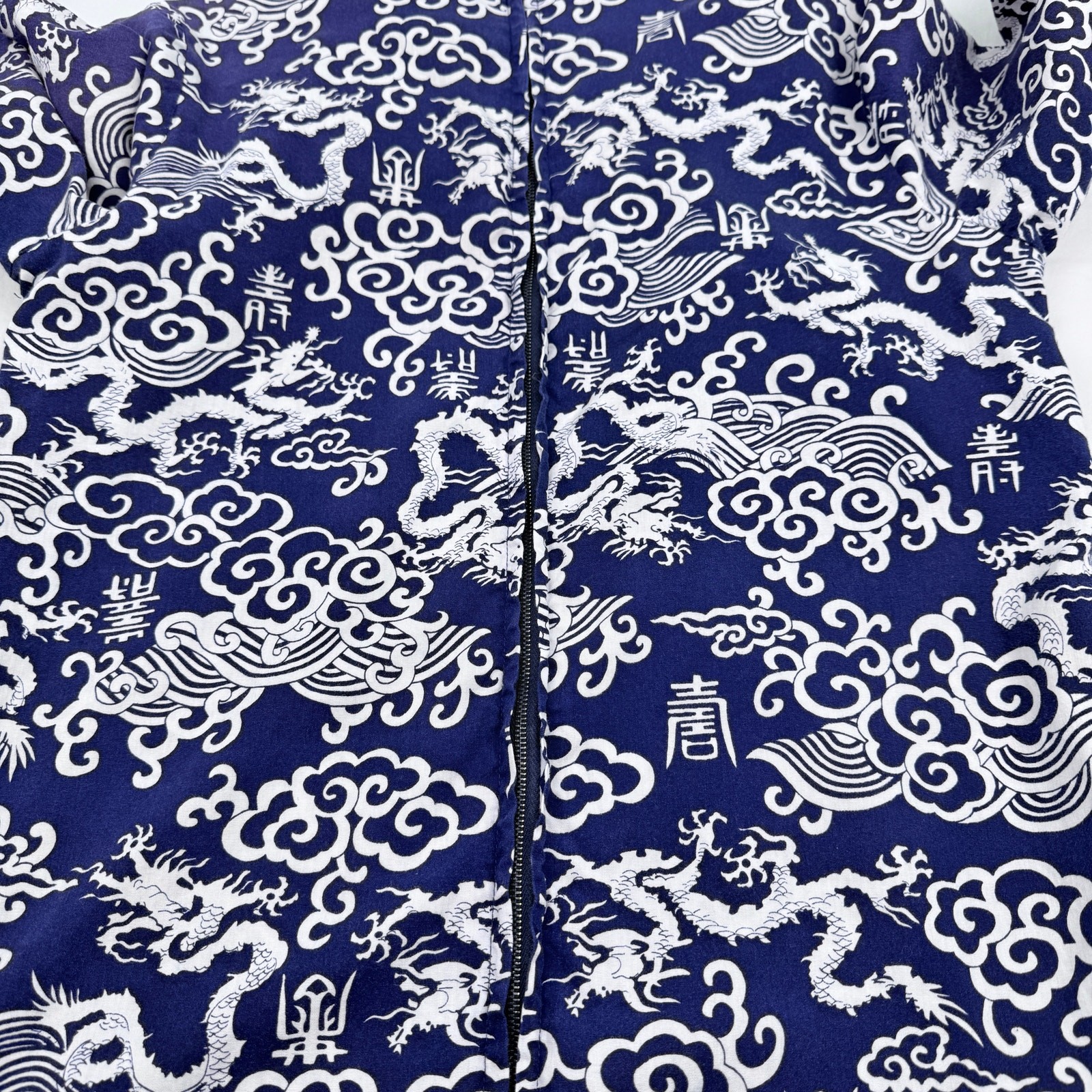 Vintage Chinese Style Maxi Dress Blue Dragon Print High Neck Asian Handmade