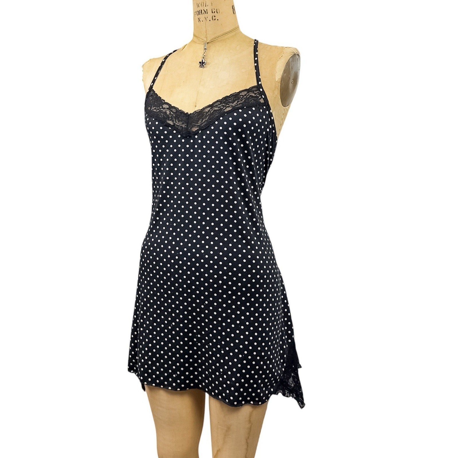 Y2K Polka Dot Mini Slip Asymmetrical Lace Hem Dark Coquette Babydoll Size M