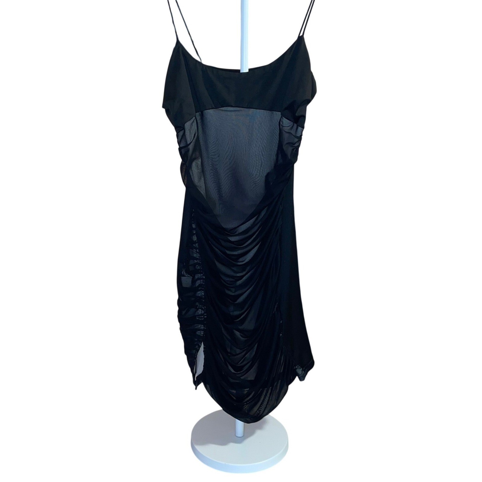 Y2K Black Ruched Mesh Mini Dress Bodycon Sheer Club Party Going Out Dress