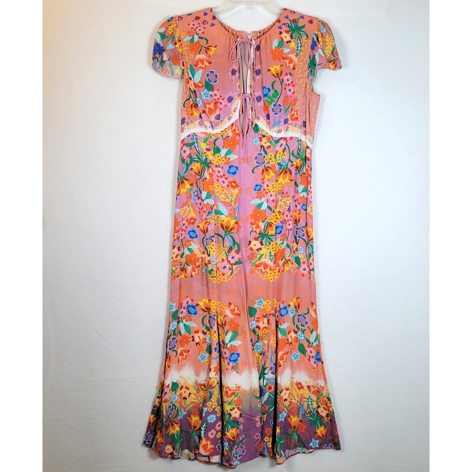 SALONI Womens Sienna Floral Spring Midi Keyhole Ruffle Dress Size 6 Pink Luxury