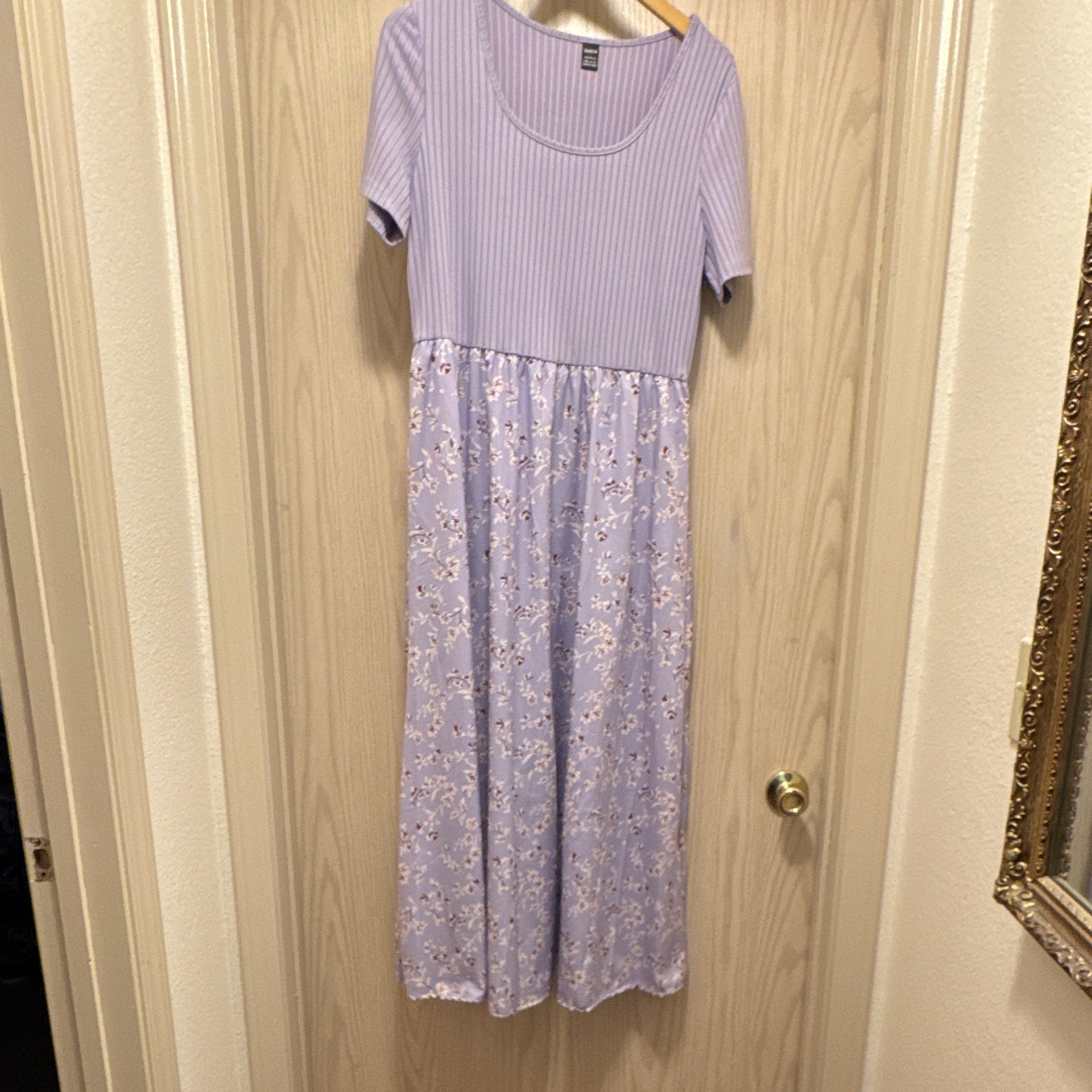 SHEIN Women’s Purple Floral Ribbed Knit Midi Dress Round Neck Short Sleeve XXL
