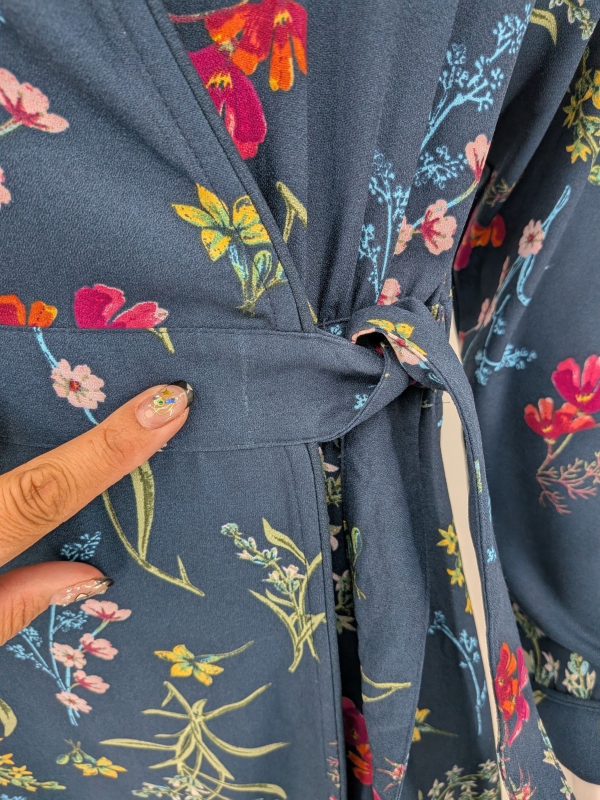 Floral Wrap Midi Dress Cottage Long Sleeve Tie Waist Cottage Office Vacay Medium