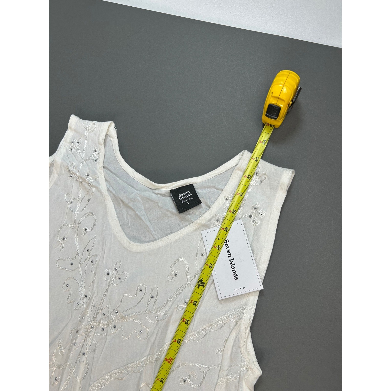Seven Islands New York White Embroidered Sequin Sleeveless Rayon Midi Dress L