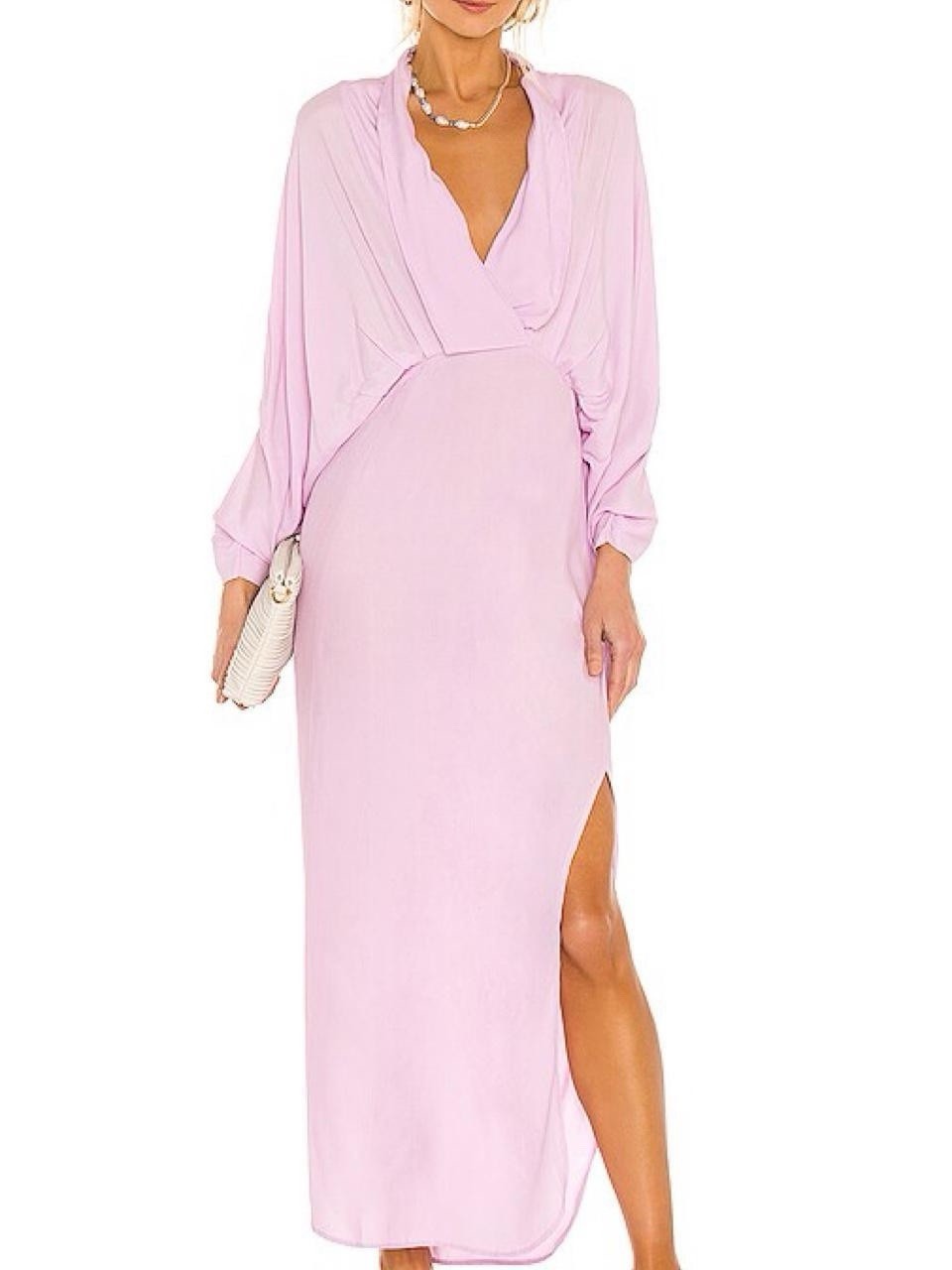 S/W/F Pink Solid Maxi Dress Womens L Cowl Neck Batwing Long Sleeve Ruched Slit
