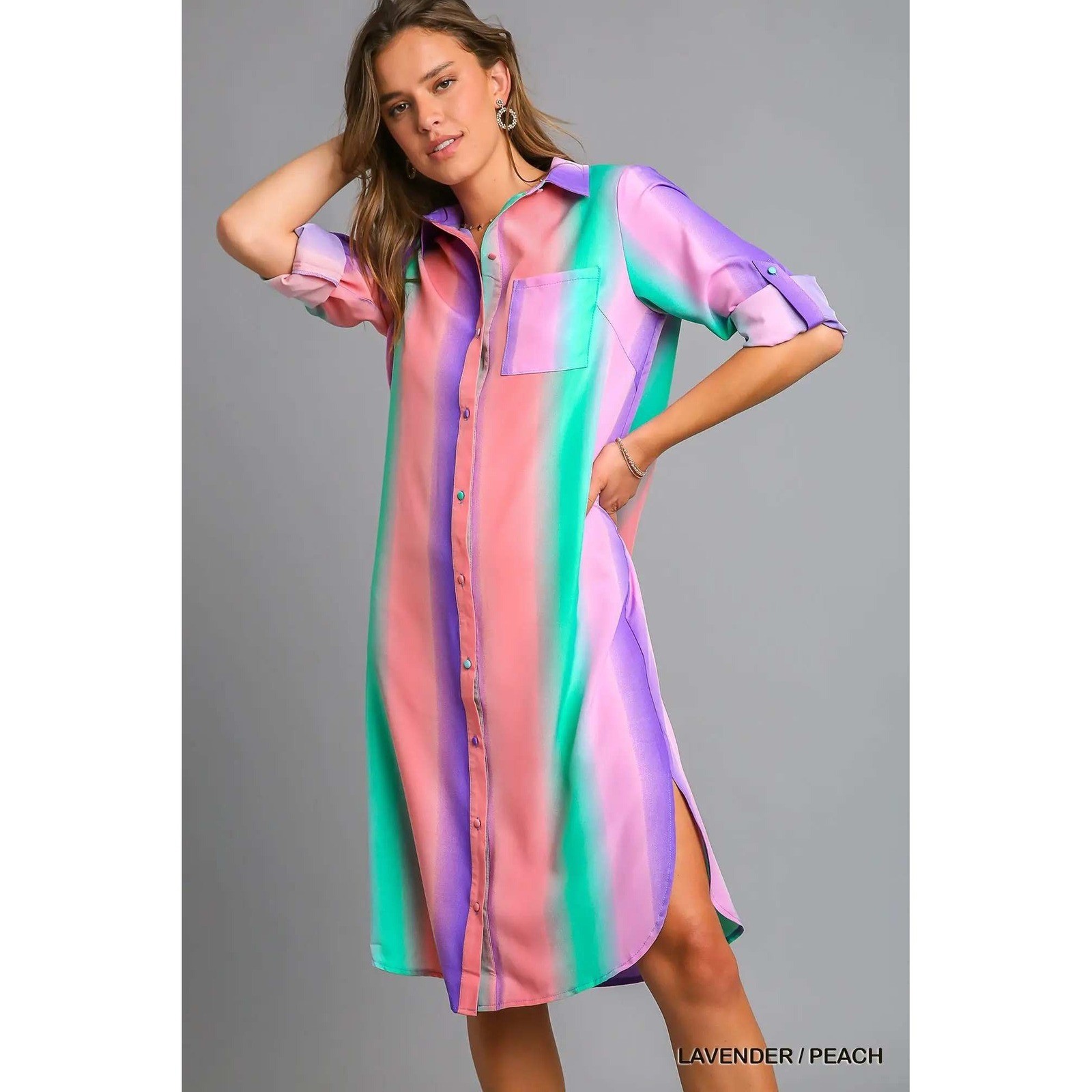Lavender Peach Ombre Striped Button Down Shirt Dress Roll Tab Sleeve High Low