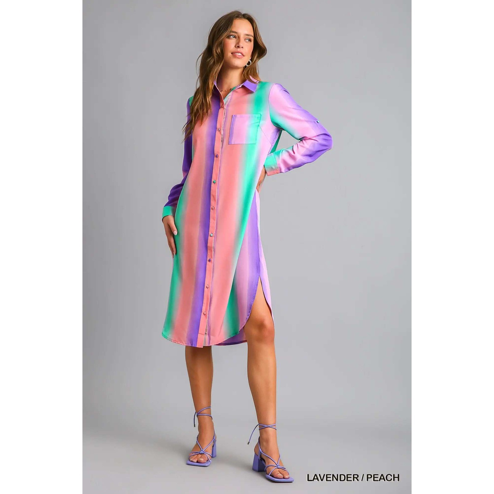 Lavender Peach Ombre Striped Button Down Shirt Dress Roll Tab Sleeve High Low