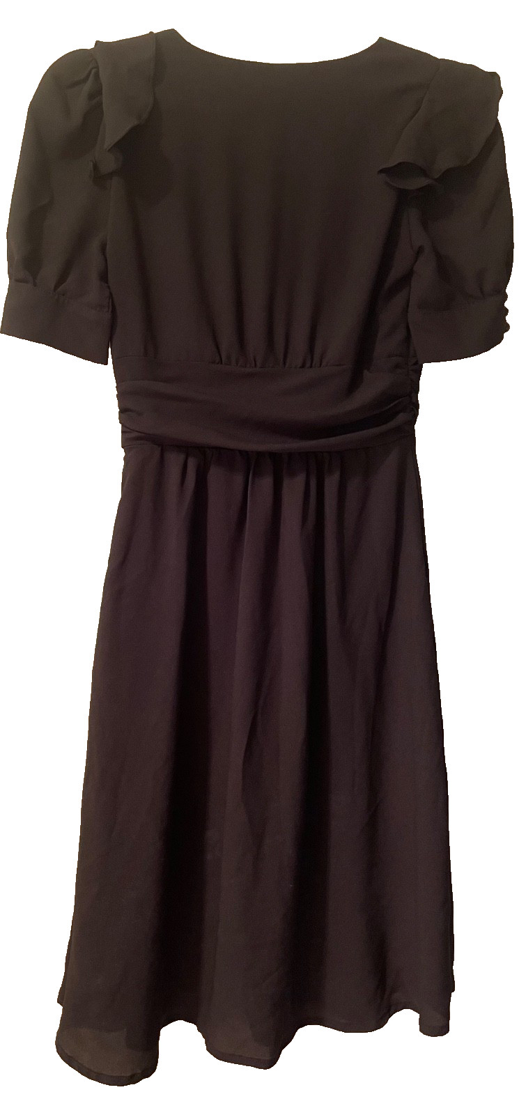 Review Dress Size 6 Black Pleated Ruffle Buttons Chiffon Fit & Flare Party Work