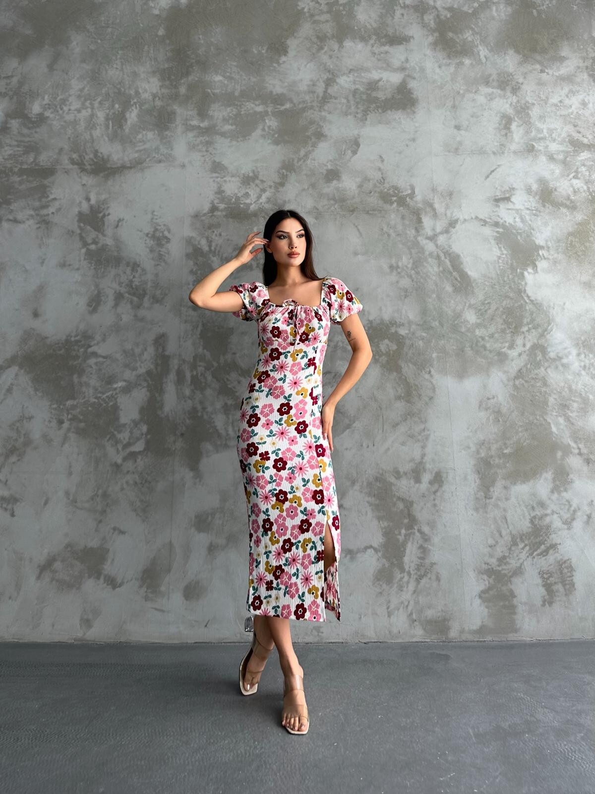 Mixed Patterned Pink Wafer Chest Tie Strap Dress
