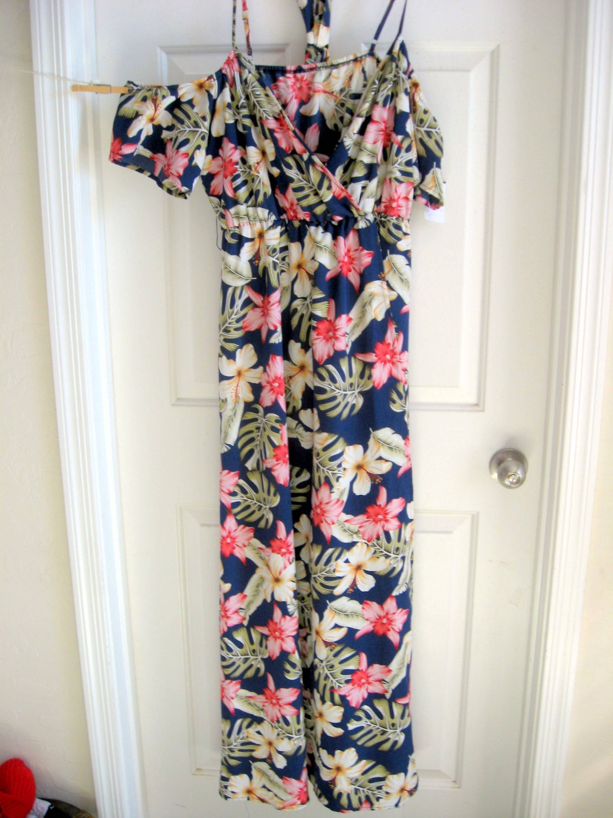 Navy Pink & White Hawaiian Print Cold Shoulder Maxi Dress – Size L