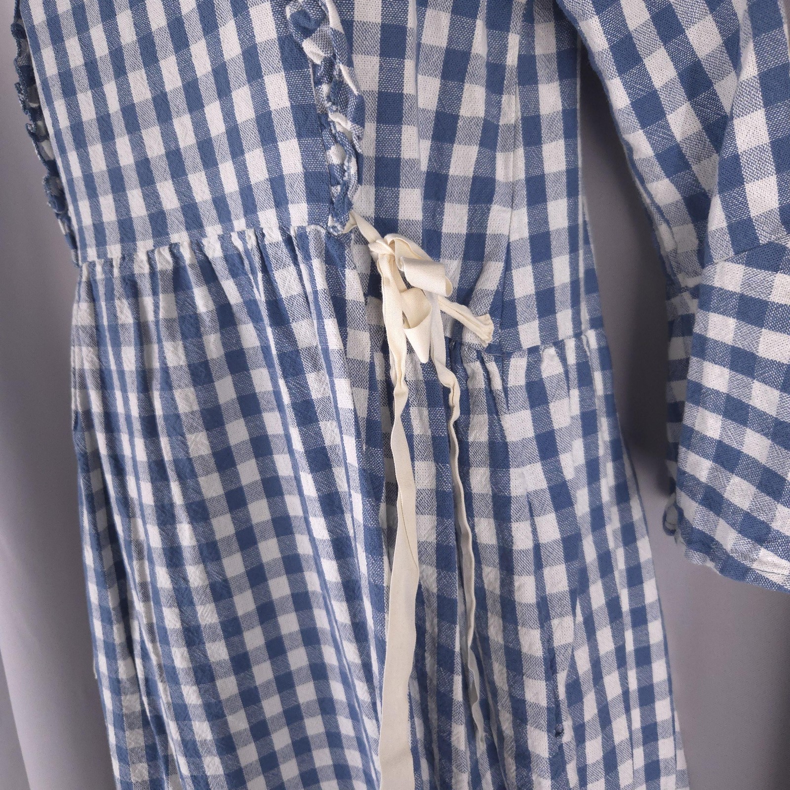 Blue Gingham Check Fit Flare Midi Dress Womens S Ruffle Bell Sleeve Cottagecore